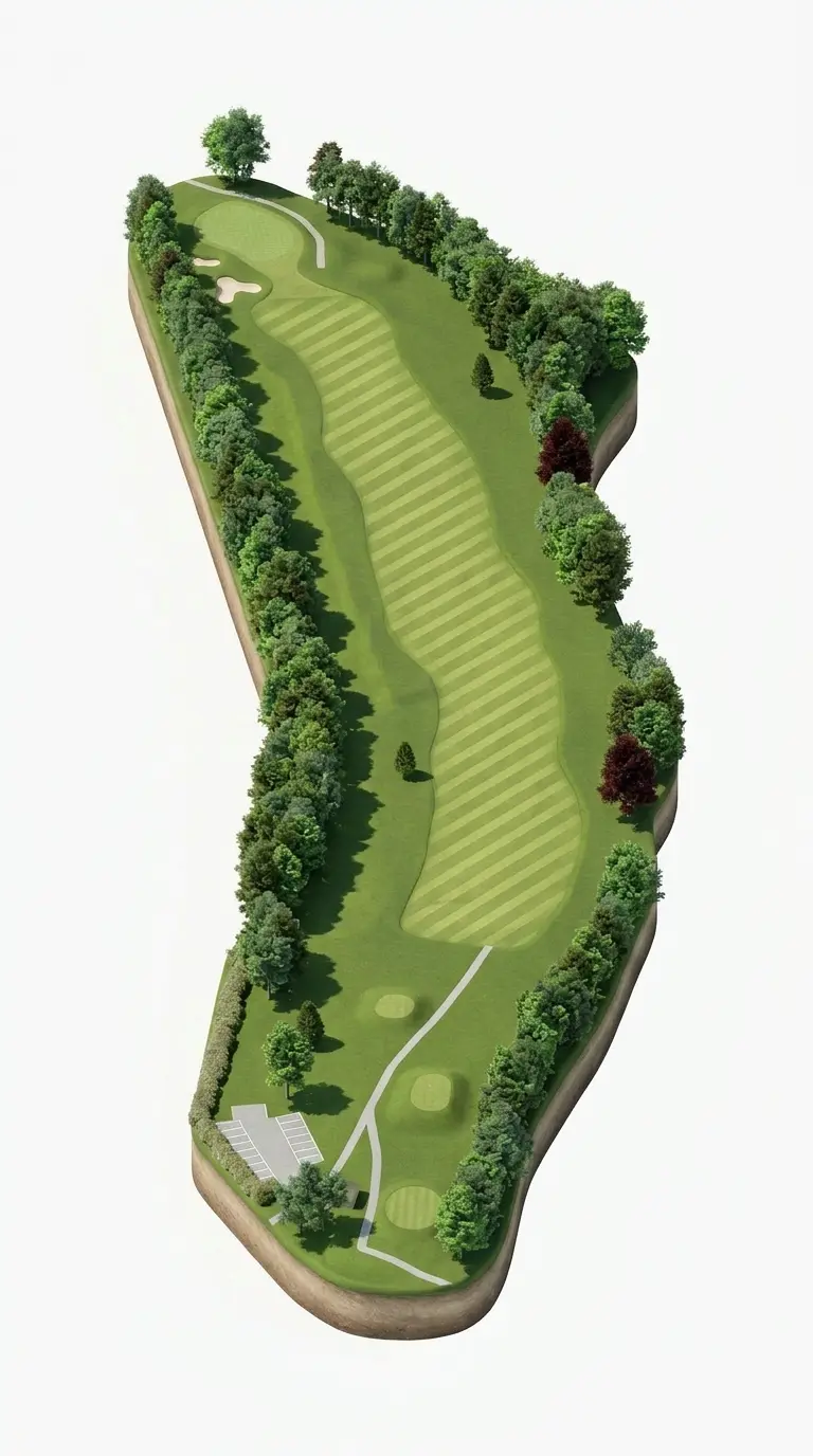 3D-Ansicht der Bahn 1 mit Fairway, Grün und Bunker